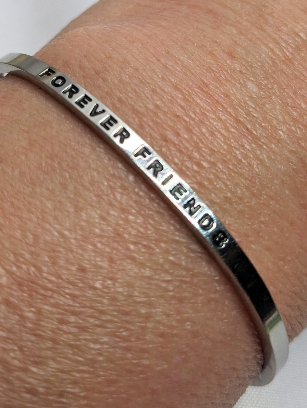 "FOREVER FRIENDS" Slim Stackable Cuff Bracelet, Silvertone, Bold Black Lettering